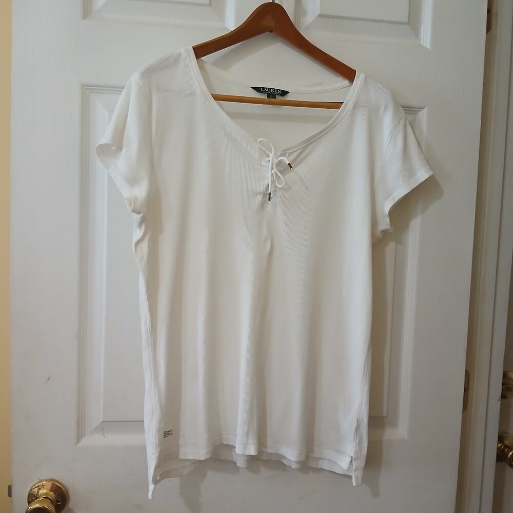 Lauren Ralph Lauren Womens XL White Ribbed Lace-Up V Neck Cotton Top Tee Tunic - Picture 2 of 13